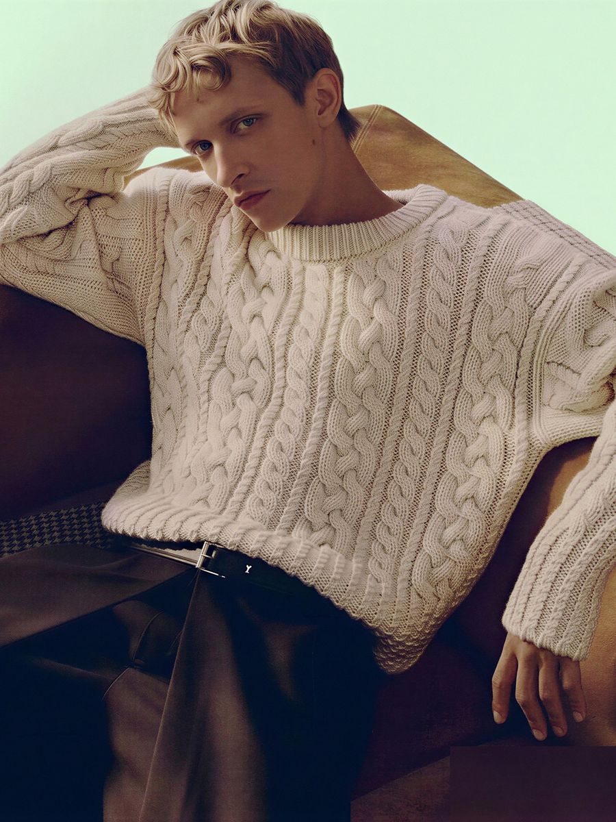 Men's cream cable-knit sweater, made by Knitwear World