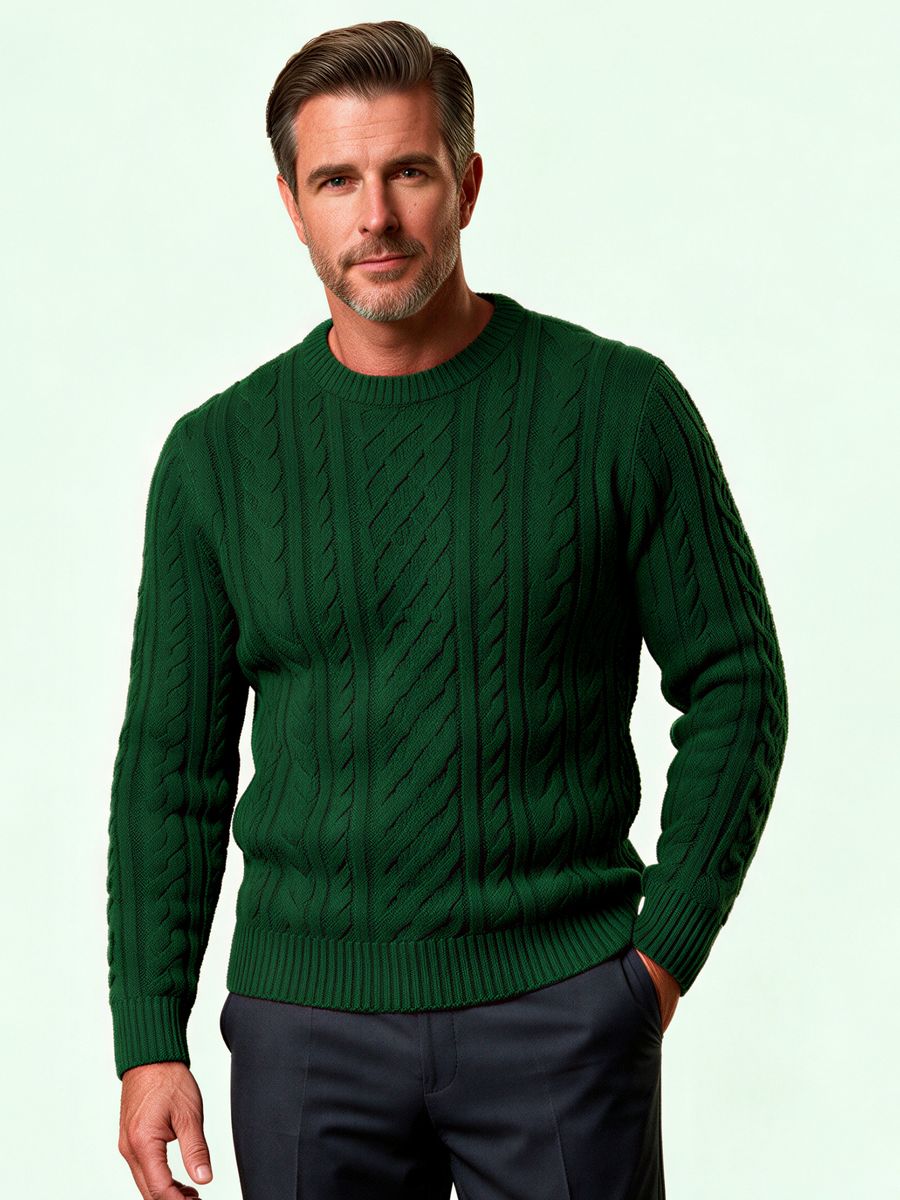 Men's green cable-knit sweater, made by Knitwear World