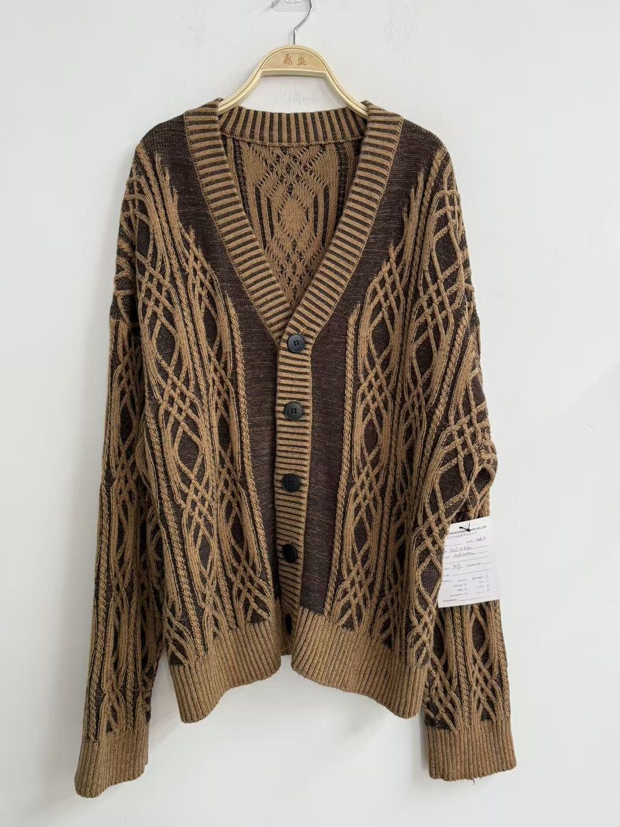 Men's camel and brown cable-jacquard V-neck cardigan, style DS27-K1060, from the Knitwear World sample collection