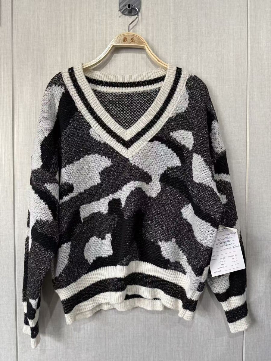 Men's camo jacquard V-neck sweater with varsity trim, style DS27-K04036, from the Knitwear World sample collection