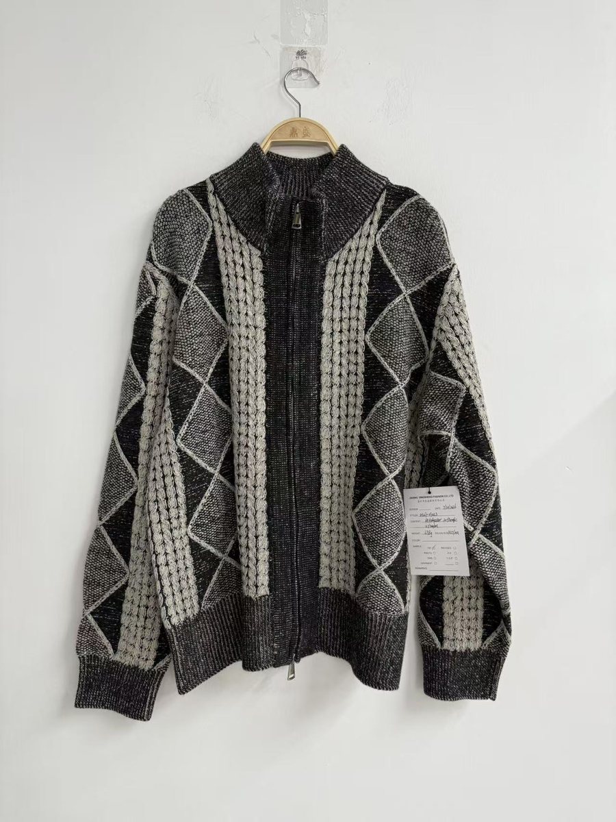 Men's charcoal and ivory diamond jacquard zip cardigan, style DS27-09023, from the Knitwear World sample collection