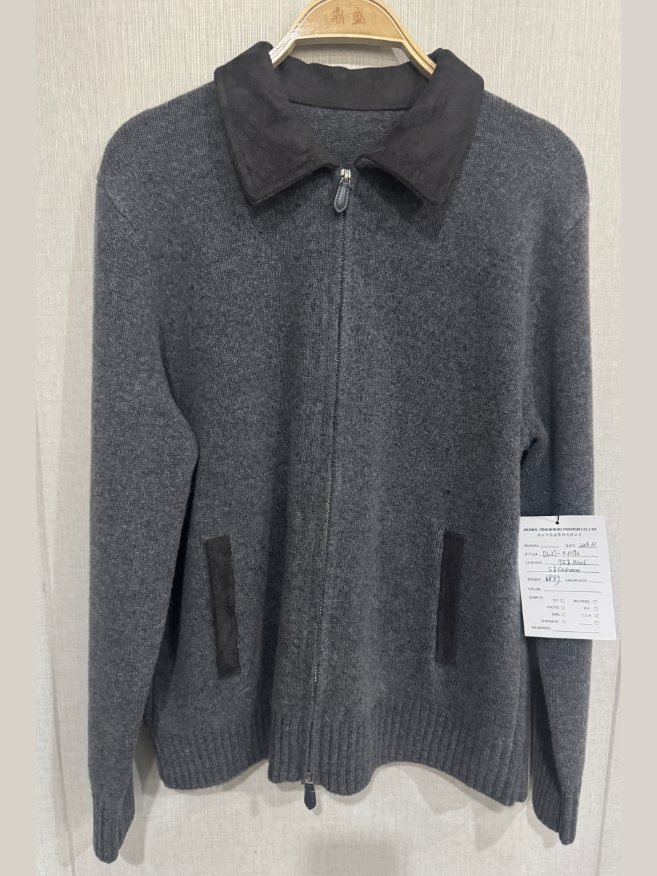 Men's charcoal zip cardigan with suede-look trims, style DS27-K10192, from the Knitwear World sample collection