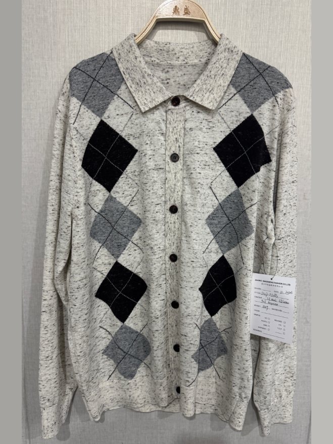 Men's flecked argyle polo-collar cardigan, style DS27-K1083, from the Knitwear World sample collection