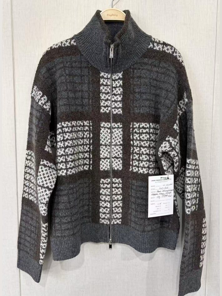Men's grey and brown check jacquard zip cardigan, style DS27-09025, from the Knitwear World sample collection