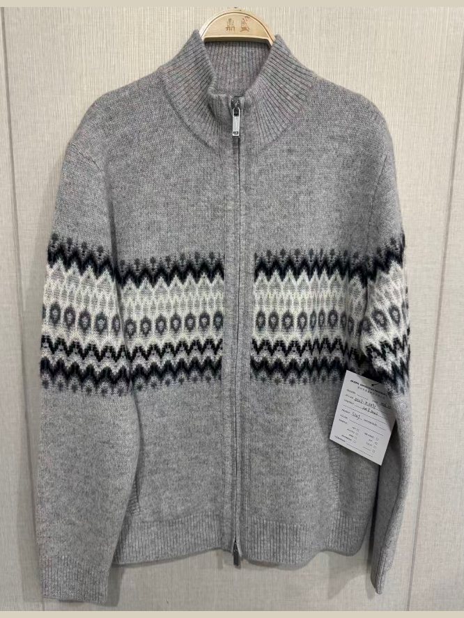 Men's grey Fair Isle-band zip cardigan, style DS27-K10191, from the Knitwear World sample collection