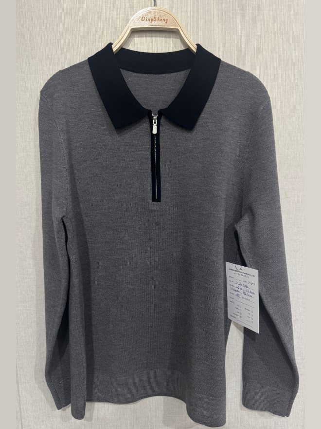 Men's grey half-zip polo sweater with black collar, style DS27-K1093, from the Knitwear World sample collection