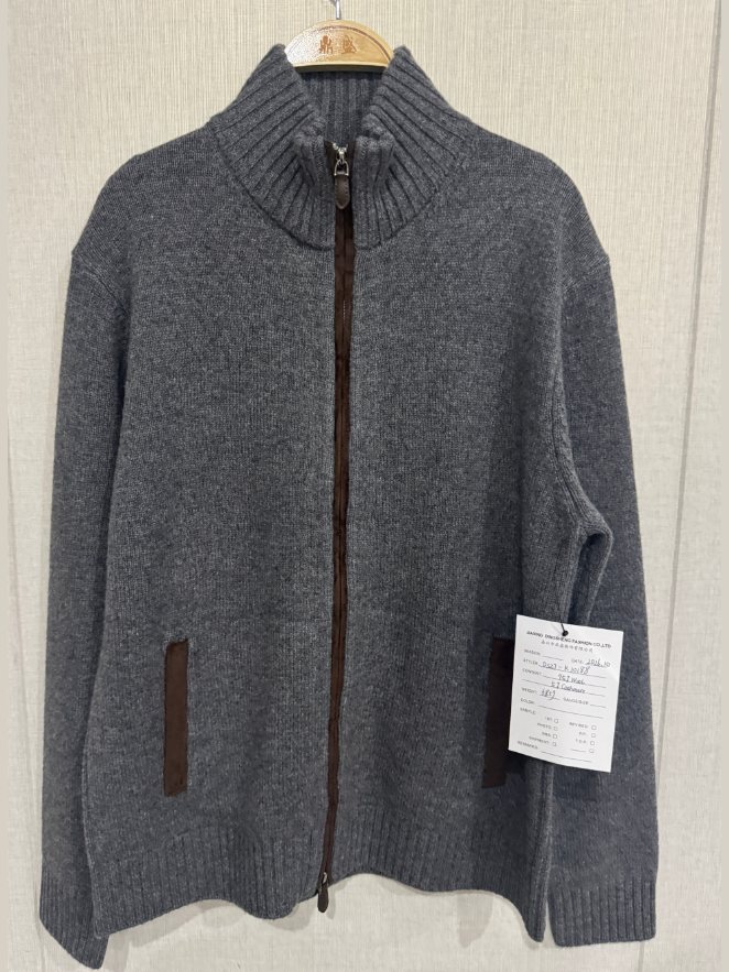Men's grey zip cardigan with suede-look trims, style DS27-K10188, from the Knitwear World sample collection