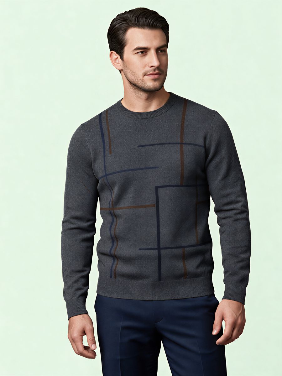 Men's charcoal sweater with intarsia lines, made by Knitwear World