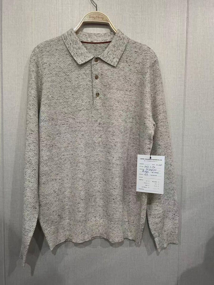 Men's light grey marl long-sleeve knit polo, style DS27-K1094, from the Knitwear World sample collection