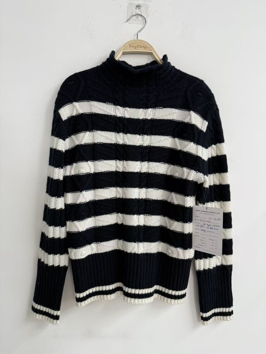 Men's navy and ivory stripe cable mock-neck sweater, style DS27-K1031, from the Knitwear World sample collection