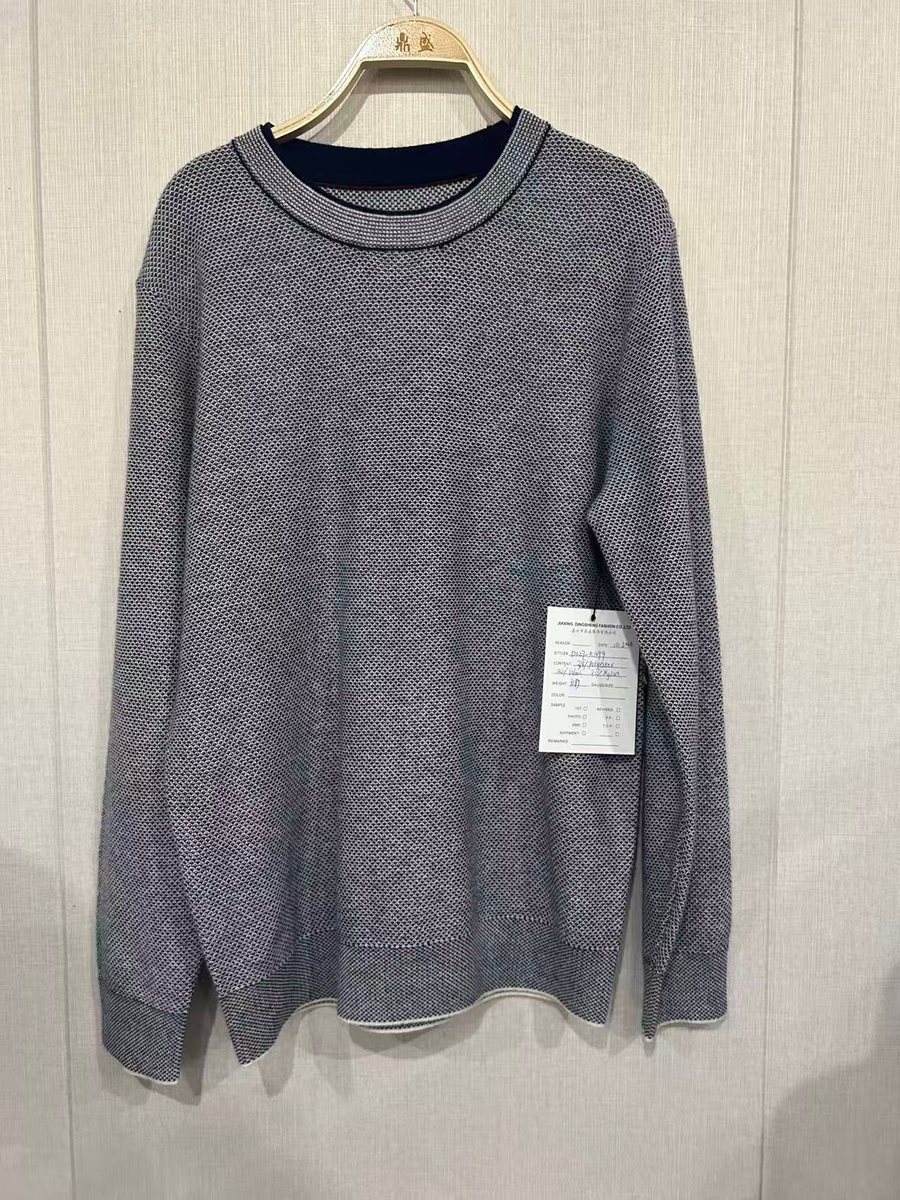 Men's navy birdseye jacquard crew-neck sweater, style DS27-K1099, from the Knitwear World sample collection