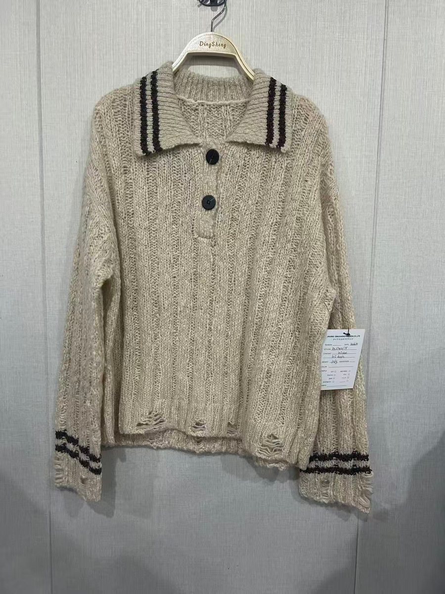Men's oatmeal distressed polo sweater with tipped collar, style DS27-K10178, from the Knitwear World sample collection