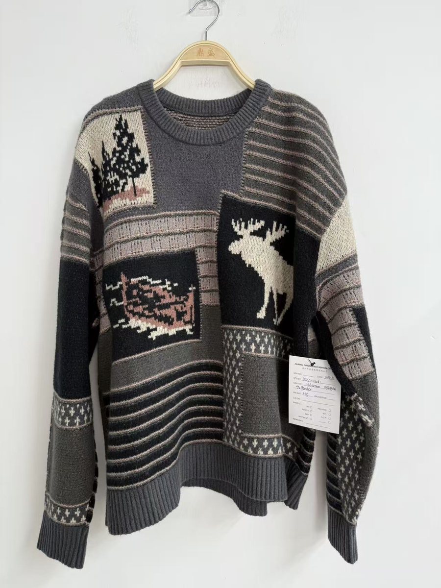 Men's patchwork jacquard pullover with moose and tree motifs, style DS27-K1061, from the Knitwear World sample collection