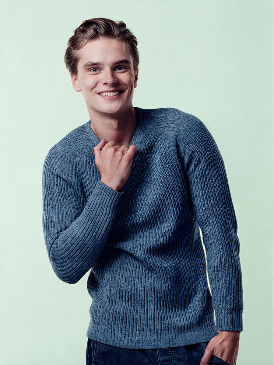 Men's blue rib-knit sweater, made by Knitwear World