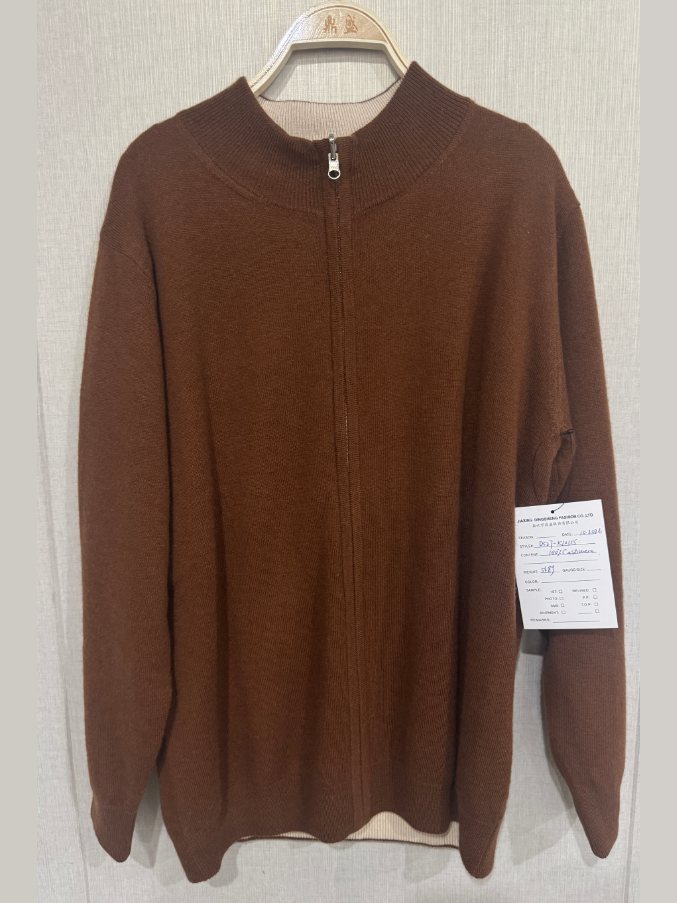 Men's rust cashmere zip cardigan, style DS27-K10115, from the Knitwear World sample collection