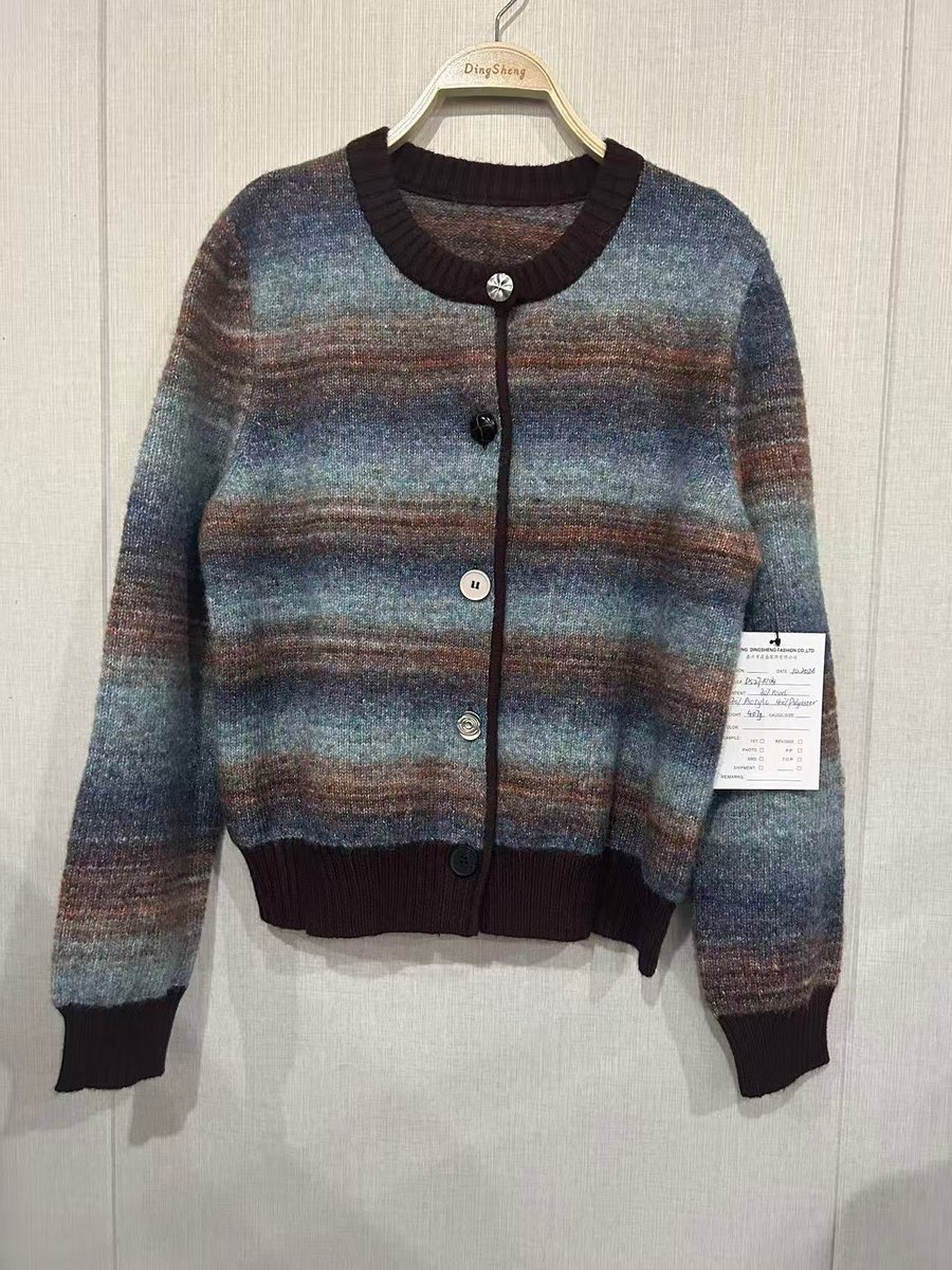 Men's space-dye stripe crew-neck cardigan, style DS27-K1014, from the Knitwear World sample collection