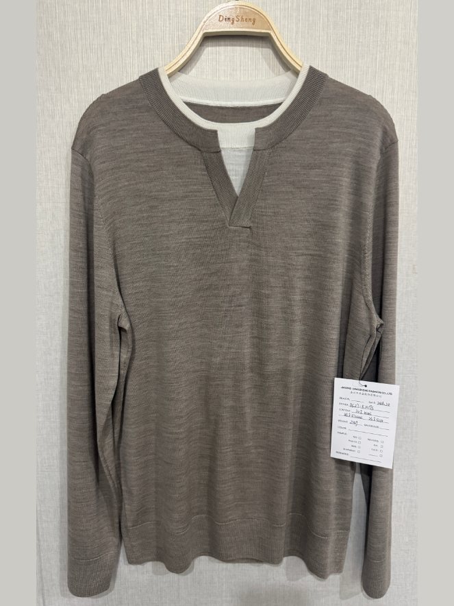 Men's taupe notch-neck sweater with layered collar, style DS27-K10193, from the Knitwear World sample collection