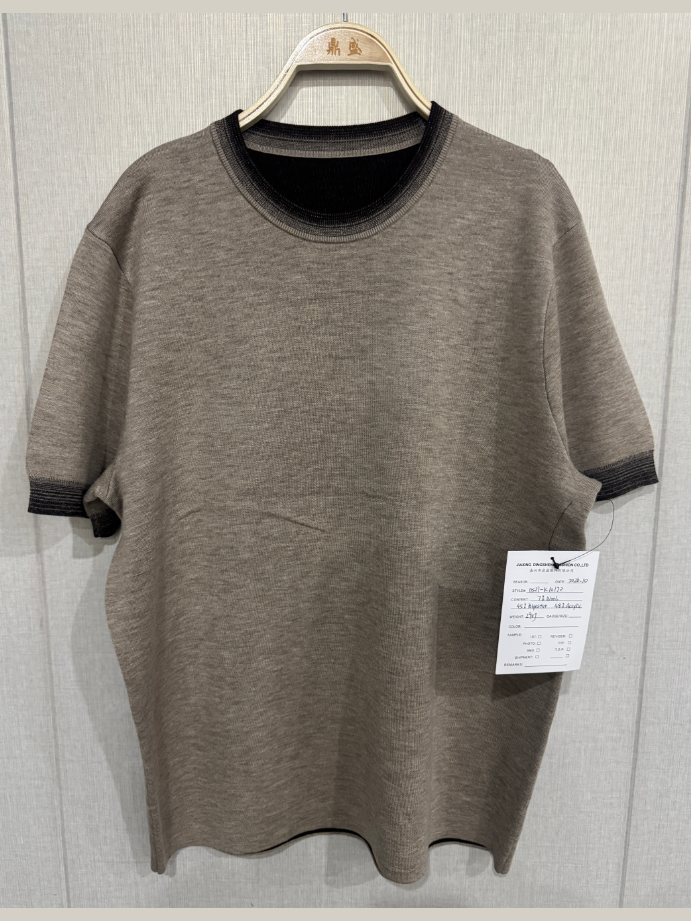 Men's taupe short-sleeve crew-neck knit tee with tipping, style DS27-K10170, from the Knitwear World sample collection