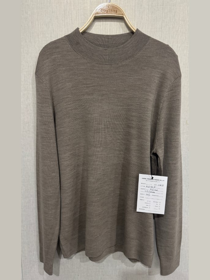 Men's taupe wool-cashmere mock-neck sweater, style DS27-K10181, from the Knitwear World sample collection