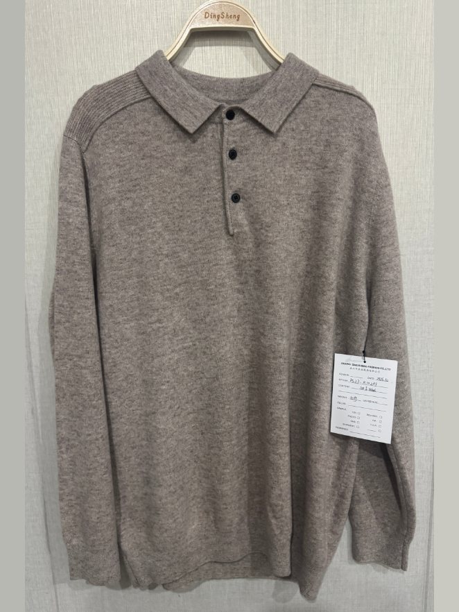 Men's taupe wool polo sweater, style DS27-K10201, from the Knitwear World sample collection