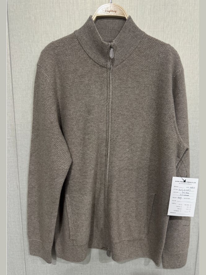 Men's taupe zip-through cardigan, style DS27-K10187, from the Knitwear World sample collection