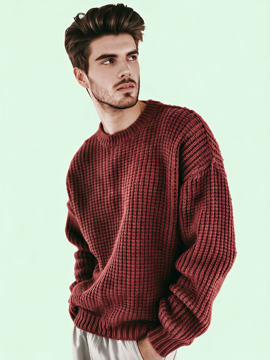 Men's rust waffle-knit sweater, made by Knitwear World