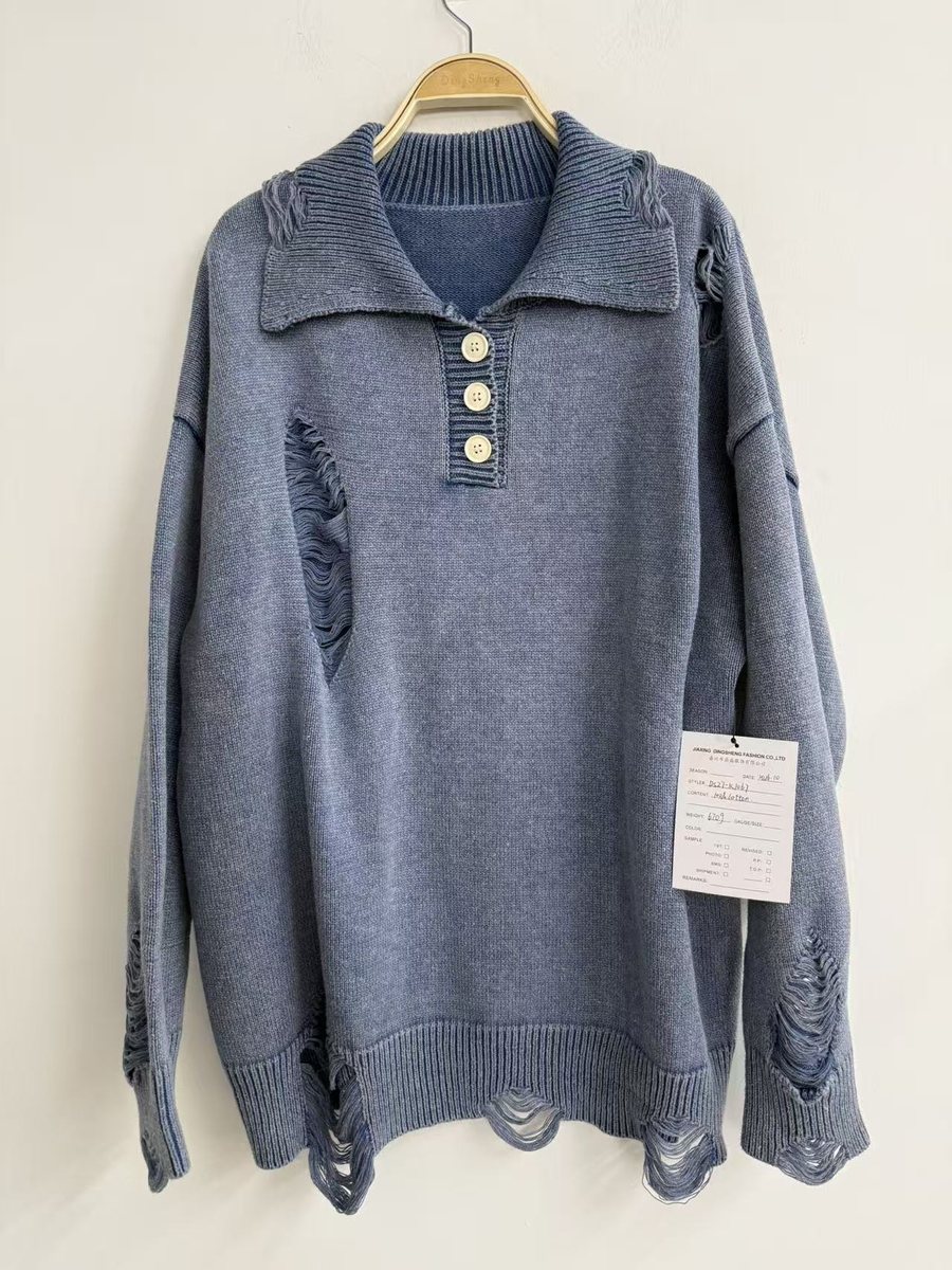 Men's washed blue distressed polo-collar sweater, style DS27-K1067, from the Knitwear World sample collection