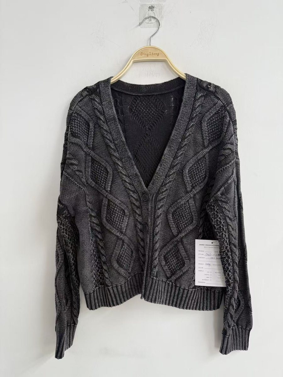 Men's washed charcoal cable V-neck cardigan, style DS27-K1038, from the Knitwear World sample collection