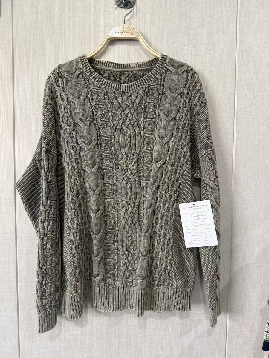 Men's washed olive cable-knit crew-neck sweater, style DS27-09050, from the Knitwear World sample collection