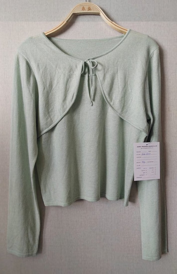 Mint layered-look pullover with tie front, style DS26-07052, from the Knitwear World sample collection