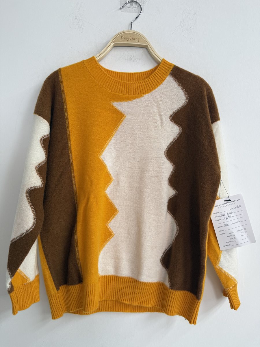 Mustard, brown and ivory intarsia colour-block pullover, style DS27-K1072, from the Knitwear World sample collection