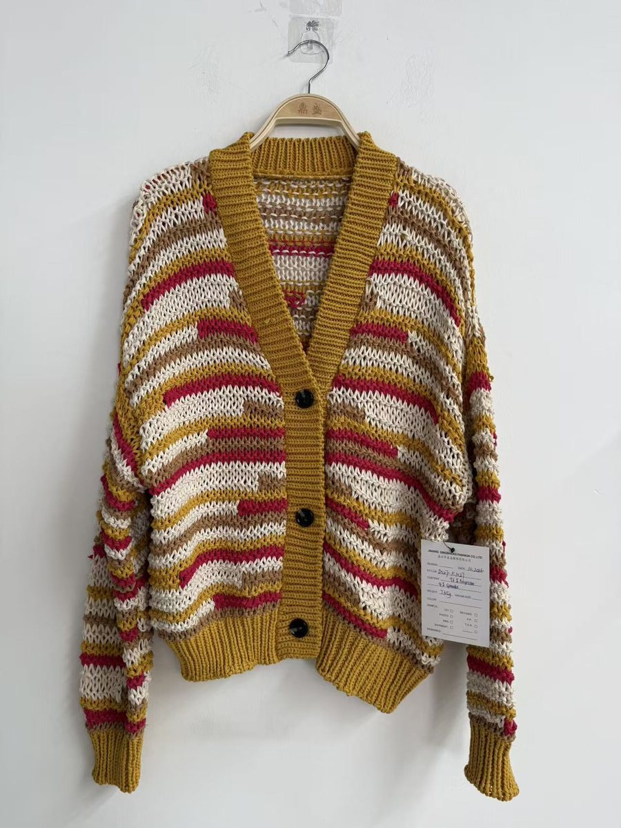 Mustard, red and cream crochet-look stripe cardigan, style DS27-K1027, from the Knitwear World sample collection