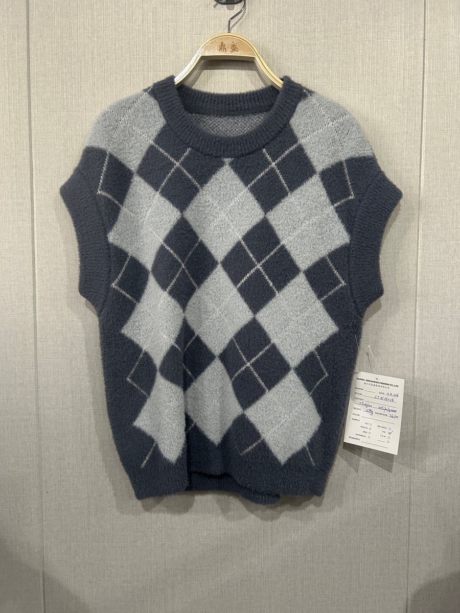 Navy and grey argyle faux-mink sweater vest, style CTW26024, from the Knitwear World sample collection