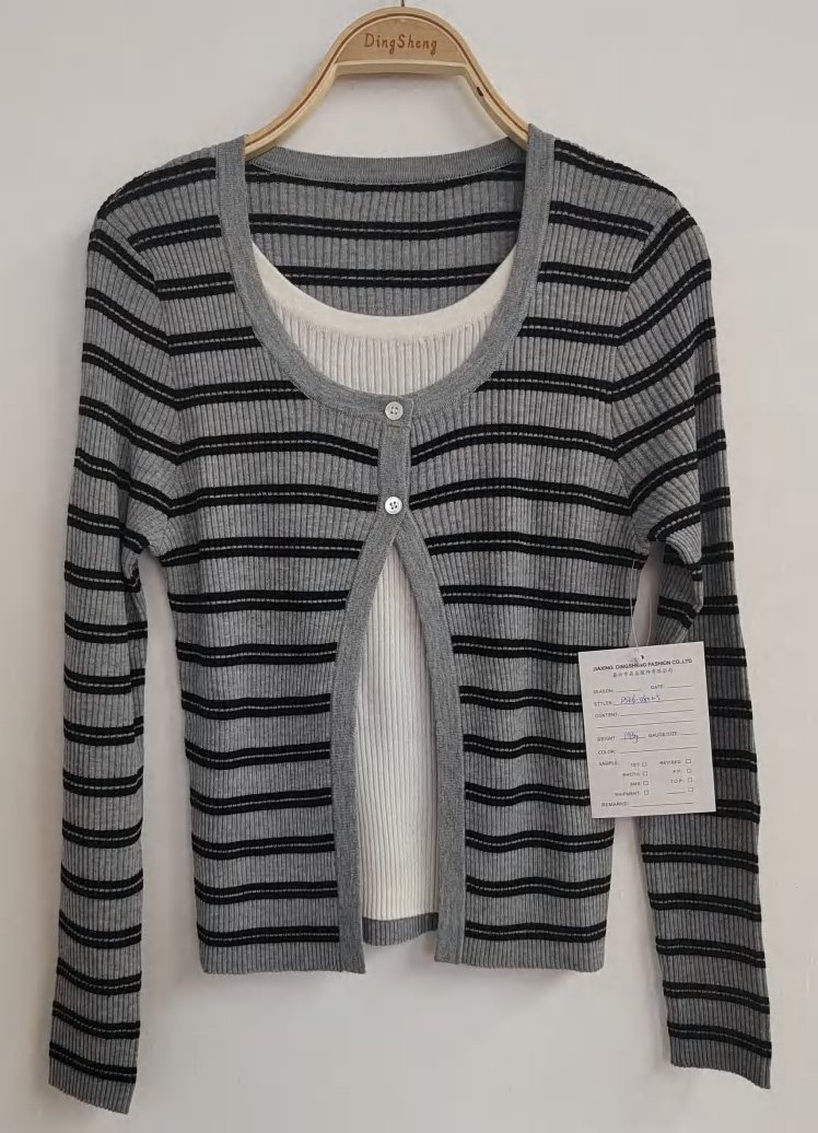 Navy and white stripe layered-look cardigan, style DS26-08025, from the Knitwear World sample collection