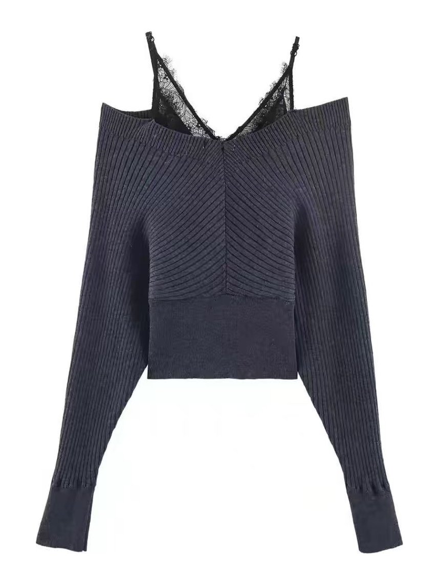 Navy cold-shoulder pullover with lace cami, style DS27-VE019, from the Knitwear World sample collection
