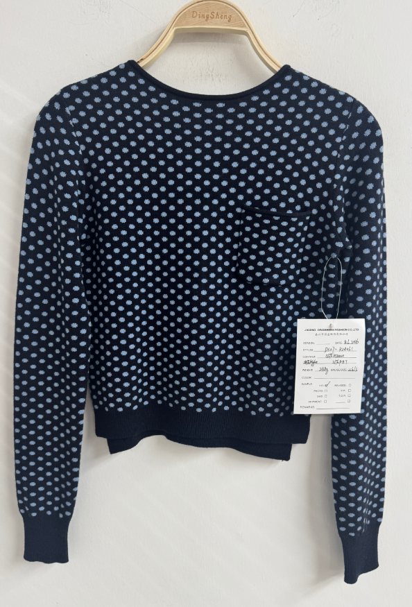 Navy dot-pattern pullover, style DS27-K04061, from the Knitwear World sample collection
