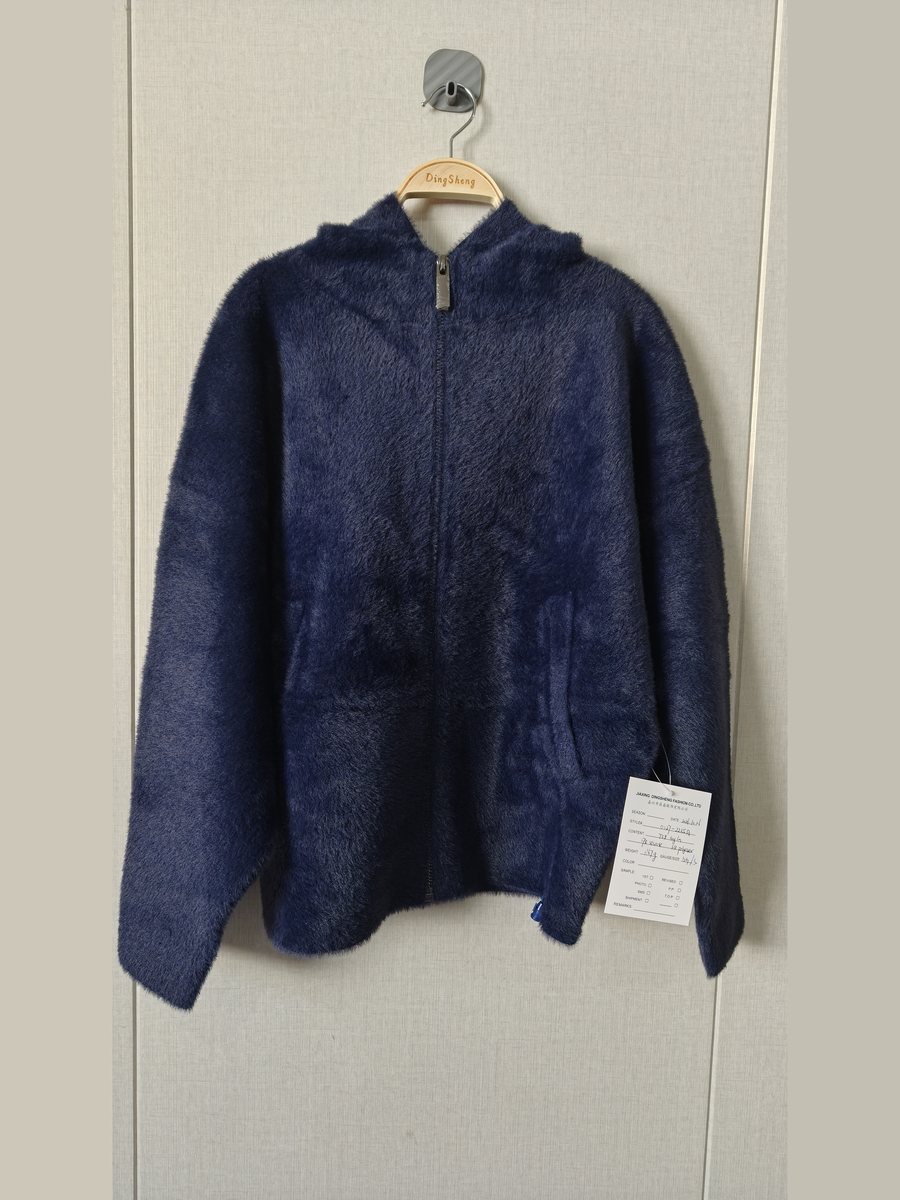 Navy faux-mink hooded zip jacket, style DS27-2235A, from the Knitwear World sample collection