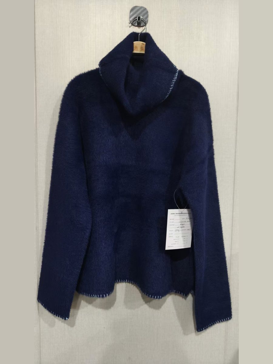 Navy faux-mink turtleneck pullover, style JUSTINIEN-002, from the Knitwear World sample collection