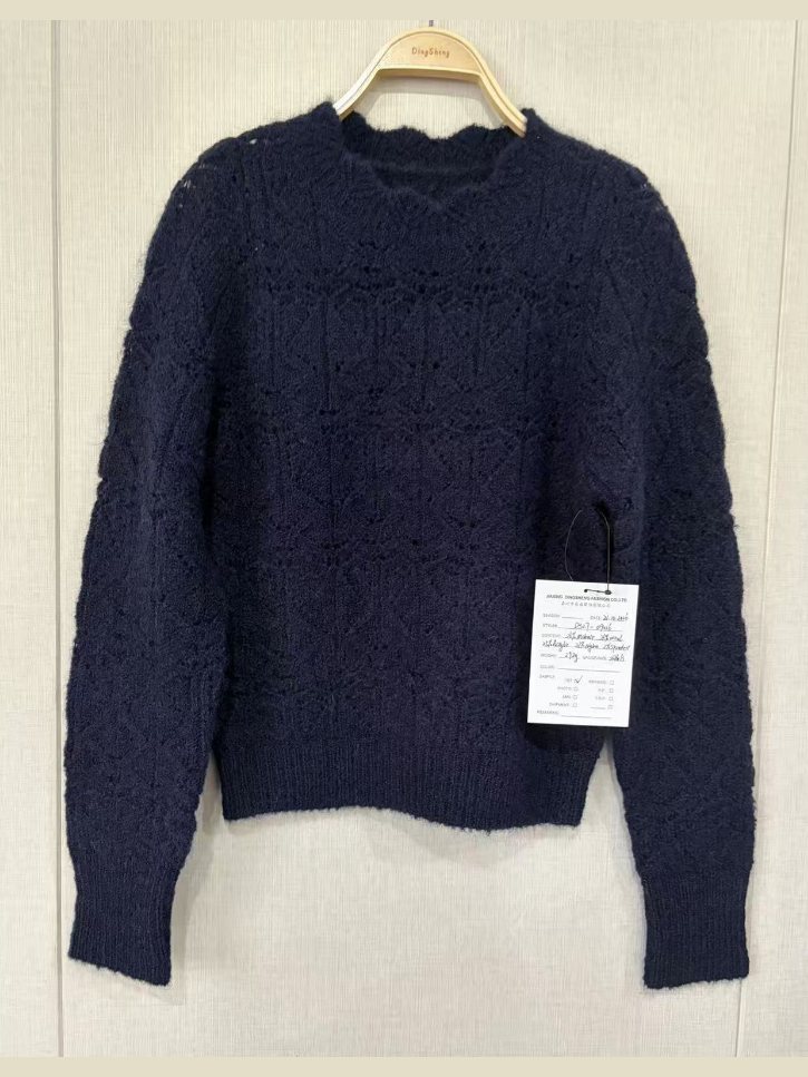 Navy pointelle pullover with scalloped neckline, style DS27-09016, from the Knitwear World sample collection