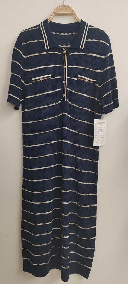 Navy striped knit polo dress, style DS26-07033, from the Knitwear World sample collection