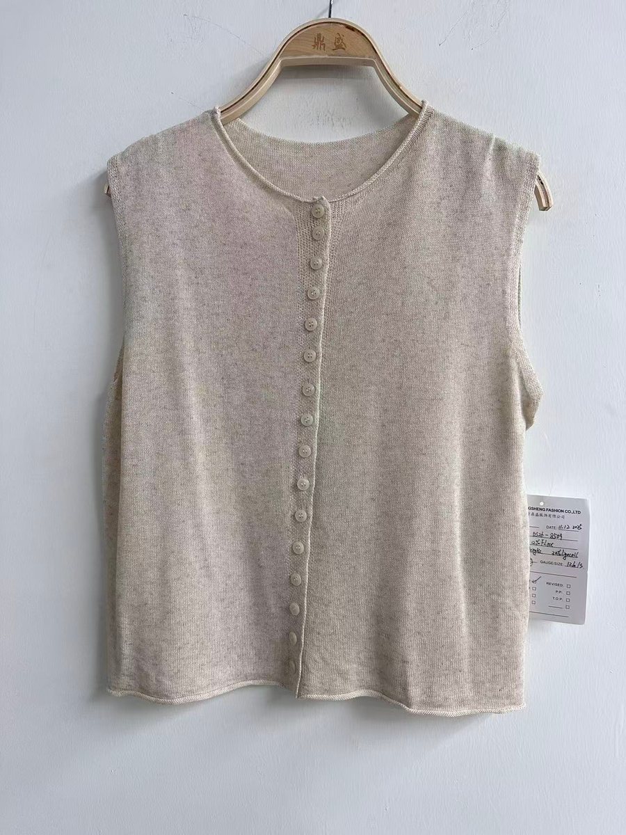 Oatmeal button-front knit vest, style DS26-8509, from the Knitwear World sample collection