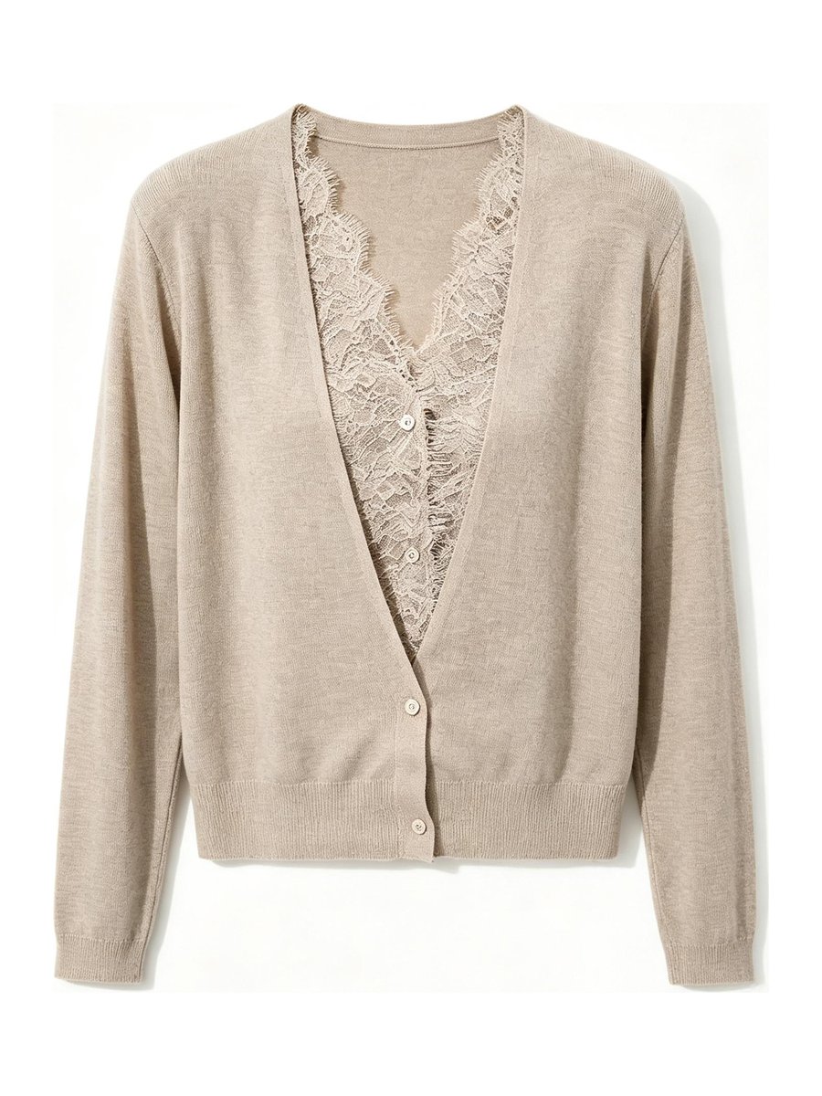 Oatmeal cardigan with lace V-neck, style DS27-VE010, from the Knitwear World sample collection