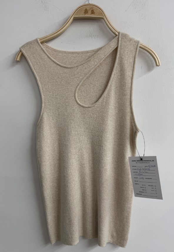 Oatmeal cut-out knit tank, style DS27-K070034, from the Knitwear World sample collection
