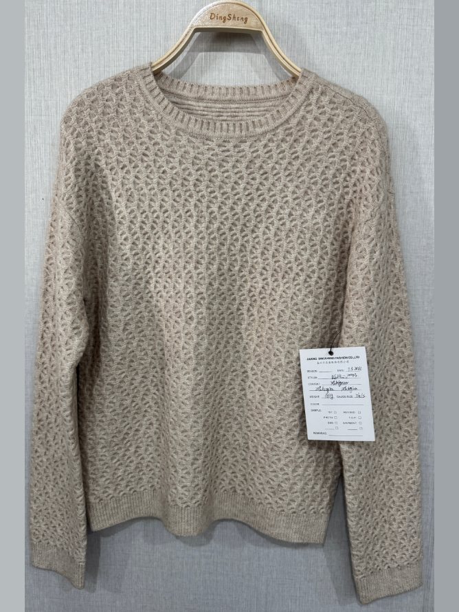 Oatmeal honeycomb-knit crew-neck pullover, style DS24-10003, from the Knitwear World sample collection