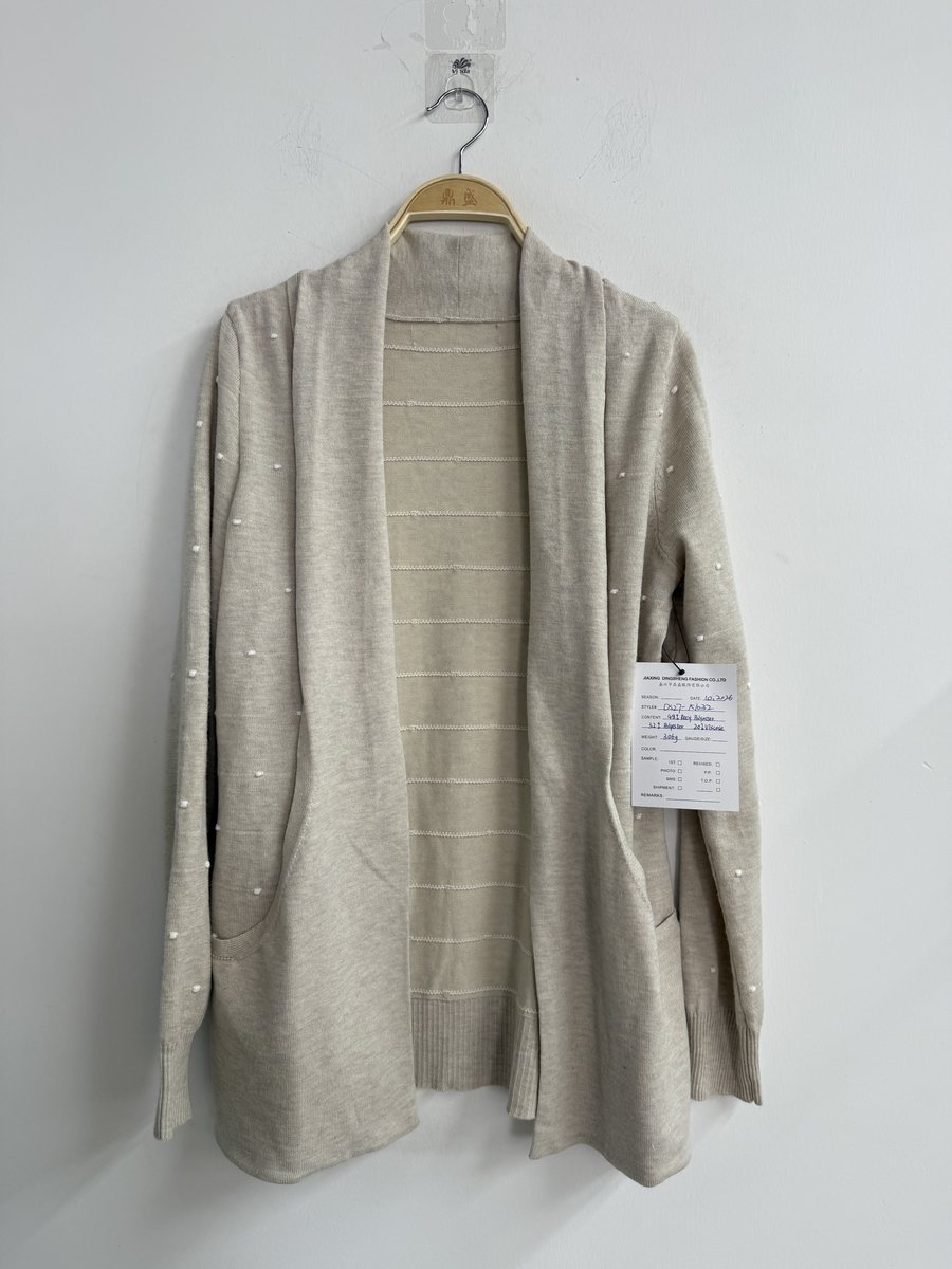 Oatmeal open-front cardigan with sequin dots, style DS27-K1032, from the Knitwear World sample collection