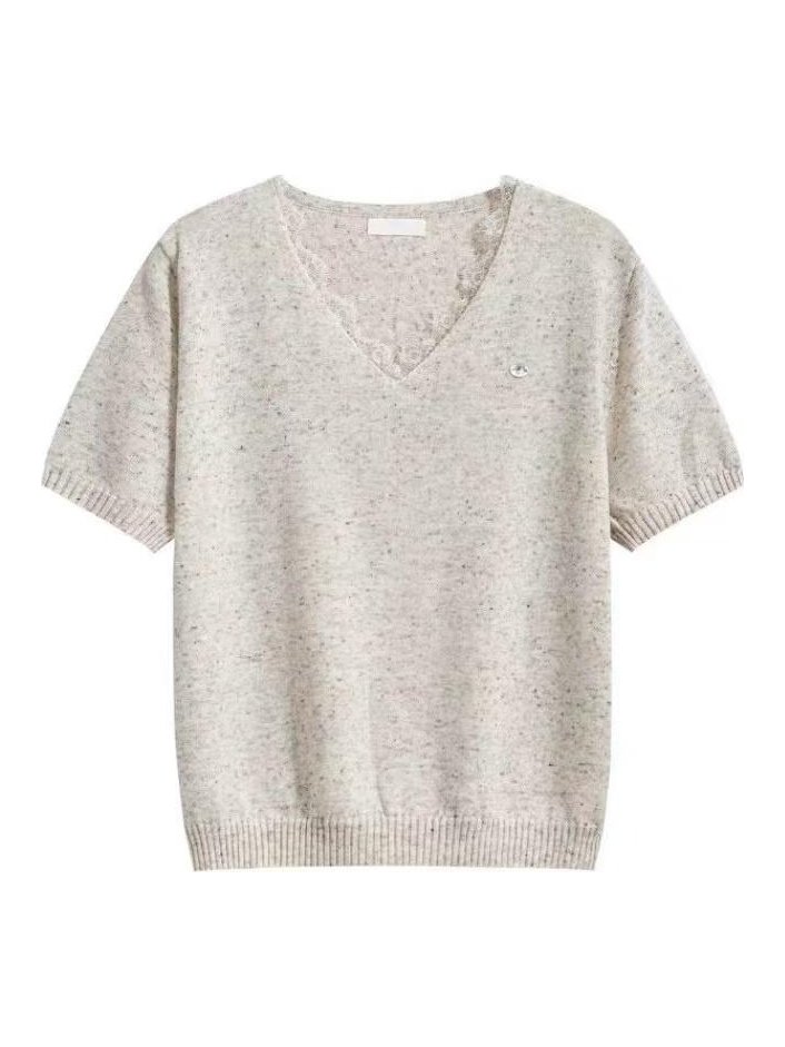 Oatmeal short-sleeve V-neck top, style DS27-VE05, from the Knitwear World sample collection
