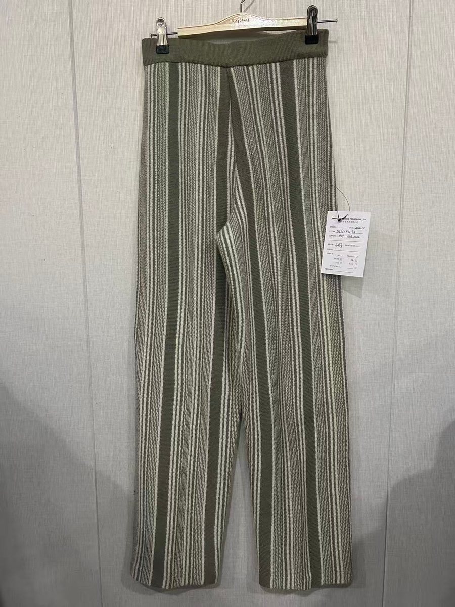 Olive and ivory stripe wide-leg knit pants, style DS27-K1074, from the Knitwear World sample collection