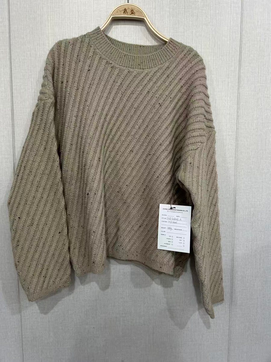 Olive diagonal-rib pullover with sequins, style DS27-K06023-A, from the Knitwear World sample collection