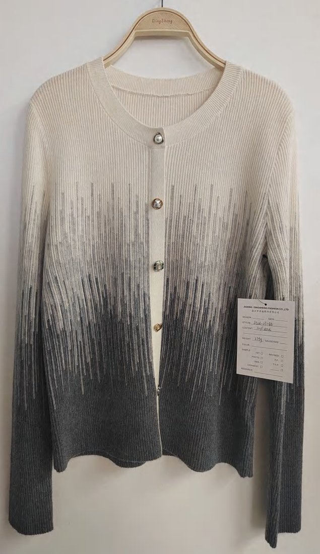 Ombré cream-to-black cardigan, style DS26-07045, from the Knitwear World sample collection