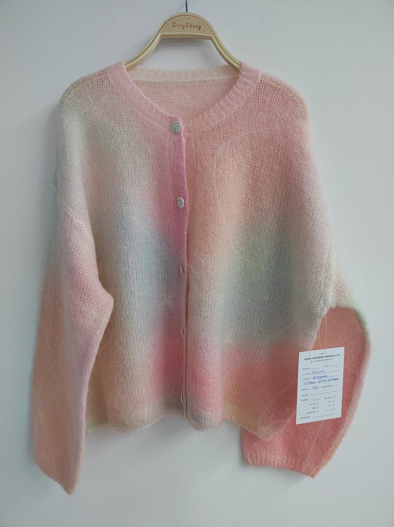 Pink and blue ombré print cardigan, style DS26-08059, from the Knitwear World sample collection